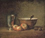 Jean Baptiste Simeon Chardin Three apple two millet bowls and silver wine class oil on canvas